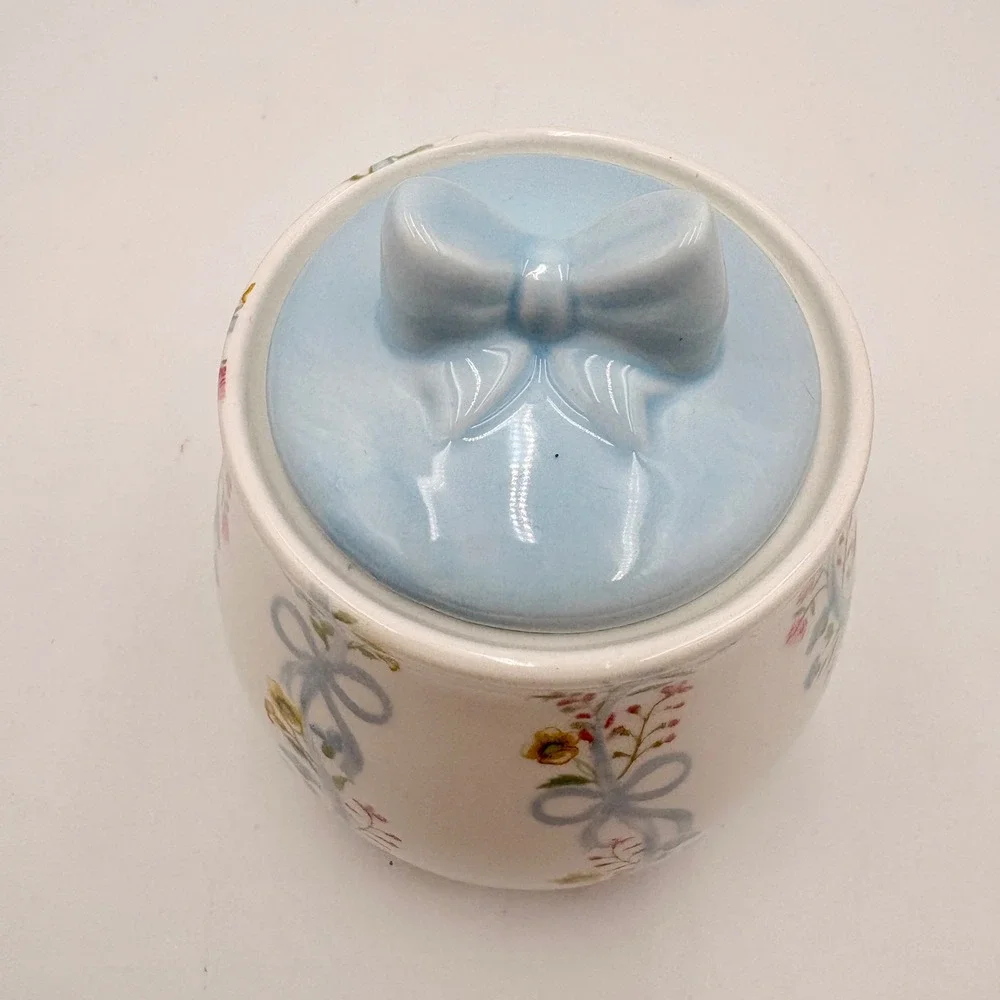Floral Ribbon Ceramic Sugar Bowl Blue Bow Lid 8oz Coquette NEW